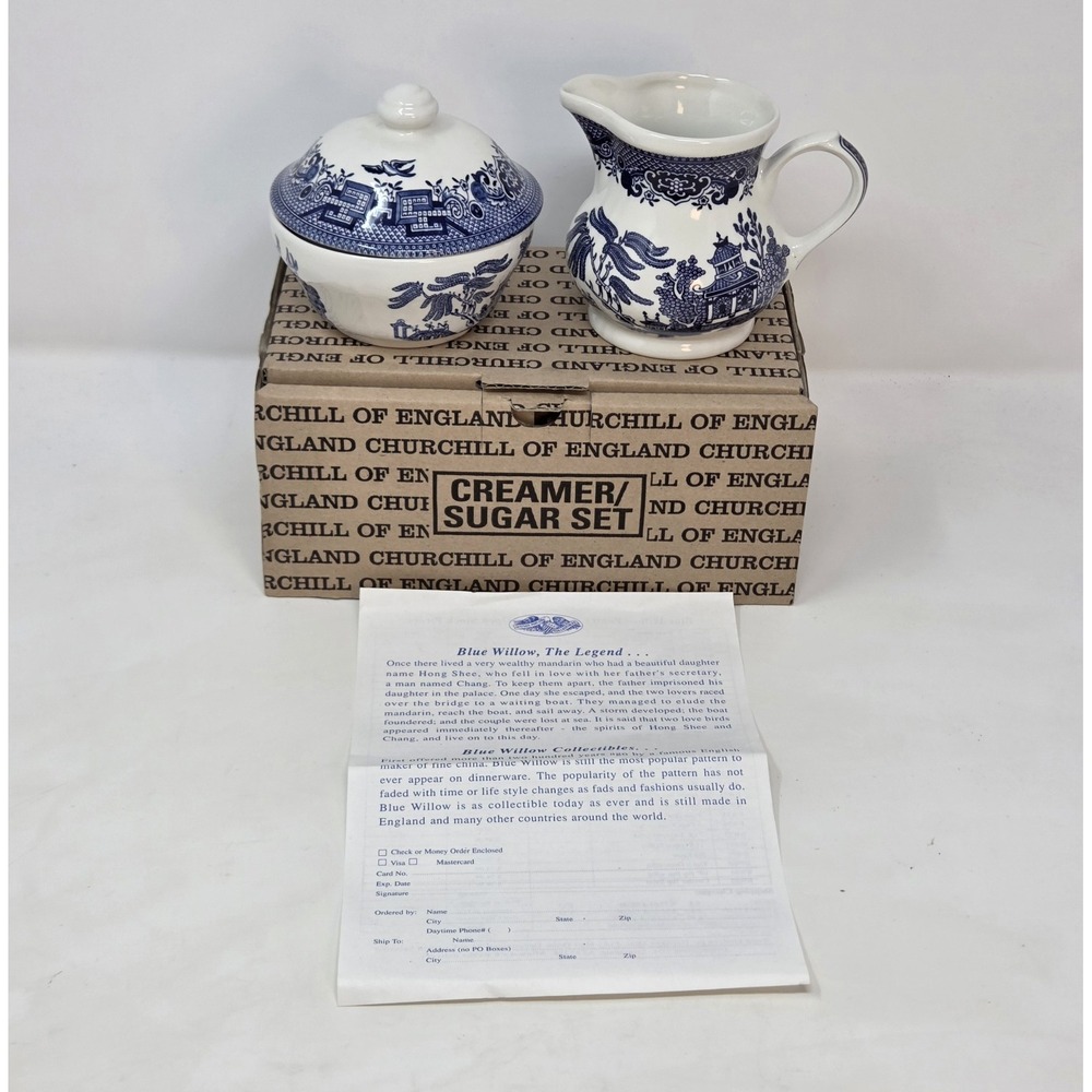 Churchill Blue Willow England Creamer Sugar Bowl Set New in Original Box